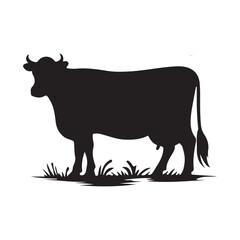 Silhouette of Cow, silhouette or illustration of a cow or buffalo, Ideal for farm, ranch branding. Perfect for logos, decals. Black, white background. 