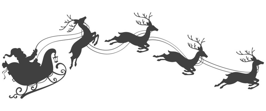 Silhouette of santa claus, Santa Claus is flying in sleigh with Christmas reindeer. Silhouette of Santa Claus, sleigh with Christmas presents and reindeer