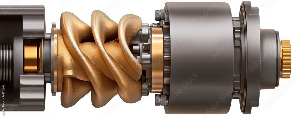 Poster close-up of a metallic screw compressor showcasing intricate engineering and design, highlighting it
