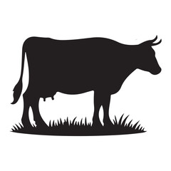 Silhouette of Cow, silhouette or illustration of a cow or buffalo, Ideal for farm, ranch branding. Perfect for logos, decals. Black, white background. 