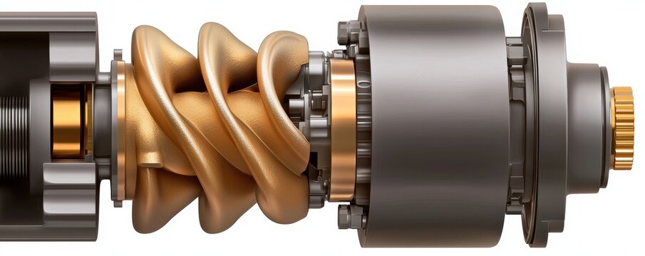 Close-up of a metallic screw compressor showcasing intricate engineering and design, highlighting its spiral element and connections.