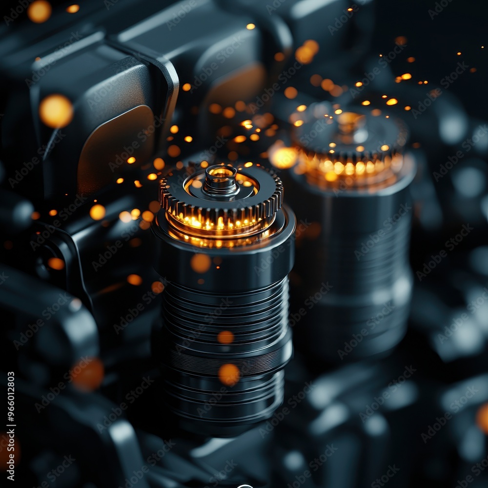 Poster close-up of a modern engine component with glowing details and vibrant particles, showcasing advance