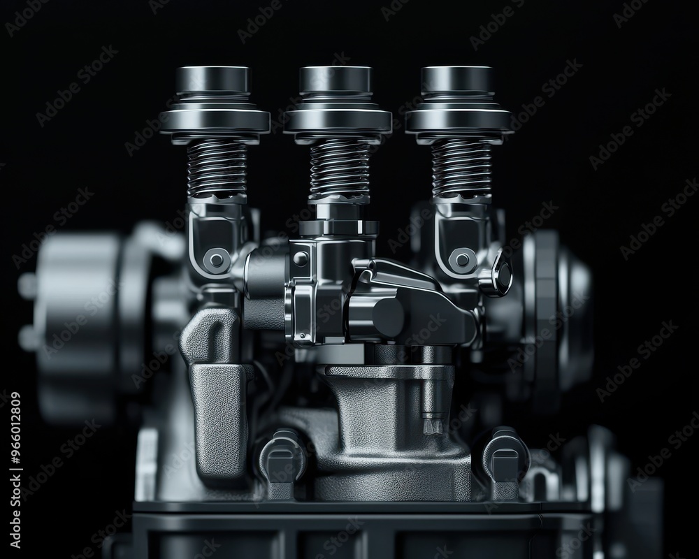 Poster close-up of a modern engine part showcasing precision engineering and intricate design against a dar