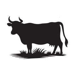 Silhouette of Cow, silhouette or illustration of a cow or buffalo, Ideal for farm, ranch branding. Perfect for logos, decals. Black, white background. 