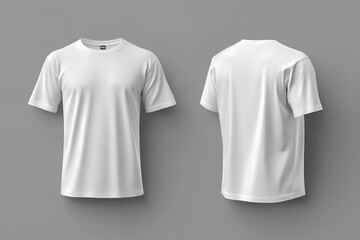 Naklejka premium A plain white t-shirt displayed from front and back views on a gray background.