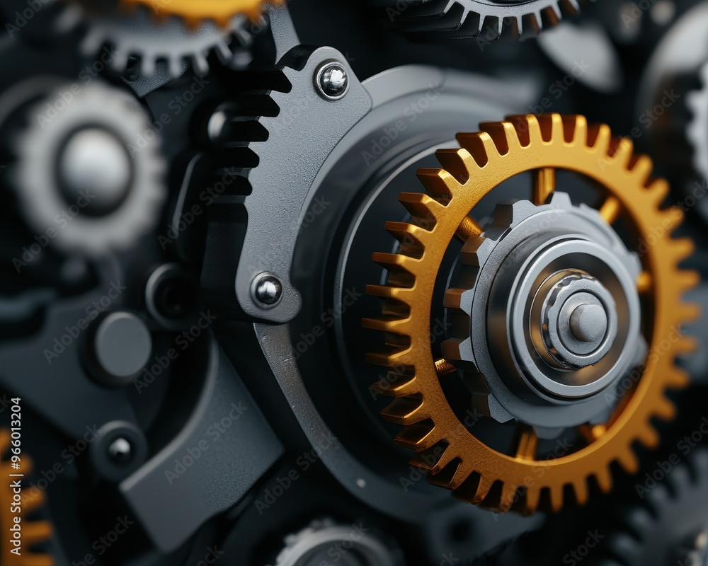 Poster close-up of intricate gears showcasing metallic textures and mechanical precision, ideal for enginee