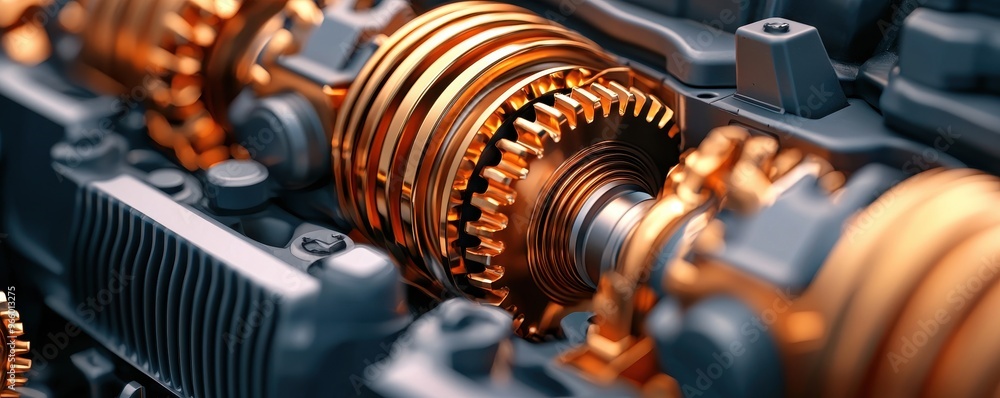 Poster close-up of intricate mechanical gears in an engine showcasing engineering precision and metal craft