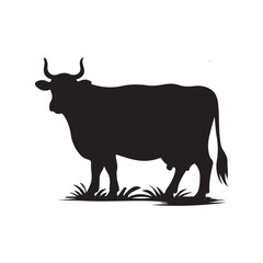 Silhouette of Cow, silhouette or illustration of a cow or buffalo, Ideal for farm, ranch branding. Perfect for logos, decals. Black, white background. 