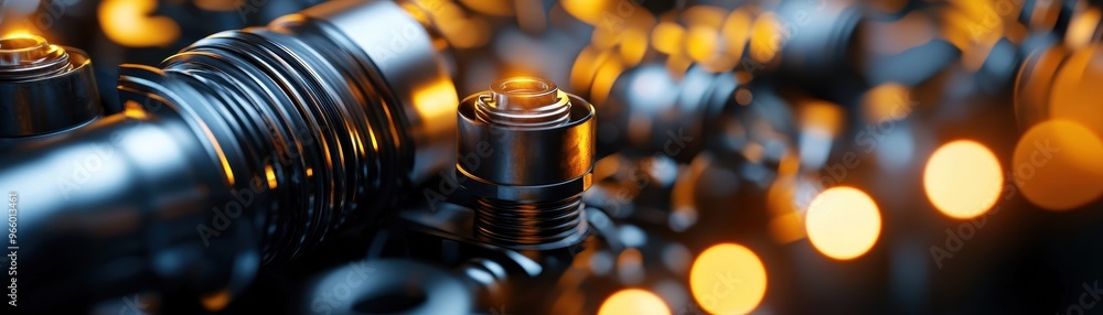Poster close-up of metallic components with warm bokeh lights, showcasing intricate engineering and industr