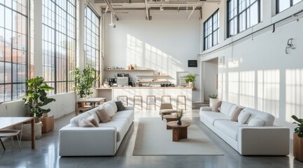 The lounge area showcases an inviting and open design, filled with natural light