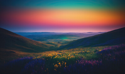 Fototapeta premium A colorful sunrise over the mountains, casting a soft glow on the wildflowers below