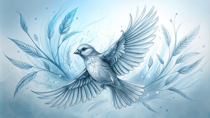 Obraz premium A delicate pencil sketch of a bird in mid-flight, wings outstretched, against a soft blue background, showcasing intricate feather details and gentle motion lines.