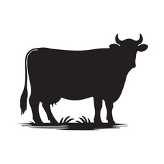 Silhouette of Cow, silhouette or illustration of a cow or buffalo, Ideal for farm, ranch branding. Perfect for logos, decals. Black, white background. 