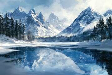 Fototapeta premium Snow-Covered Mountains Reflected in a Frozen Lake