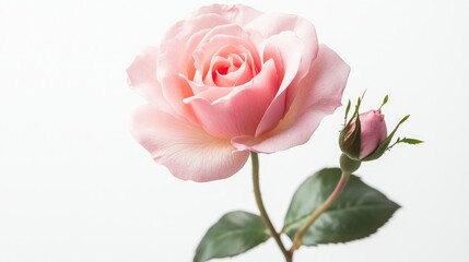 Fototapeta premium A single pink rose in full bloom, isolated against a white background, ready for creative compositions.