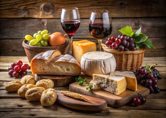 a delicious, expertly arranged assortment of fresh French delicacies, including crusty bread, ripe cheese, and rich wine, on a rustic wooden table.