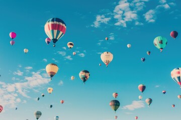 Fototapeta premium A vibrant collection of hot air balloons drift across a bright blue sky, their colorful patterns adding pops of color against the white clouds