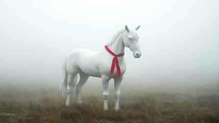 Graceful White Clay Horse with Red Ribbon in Minimalist Cinematic Style Standing in Foggy Meadow