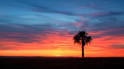 Vibrant tropical sunset with a silhouetted palm tree