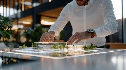 a designer using augmented reality to plan interior spaces, featuring a digital interface and real-world elements