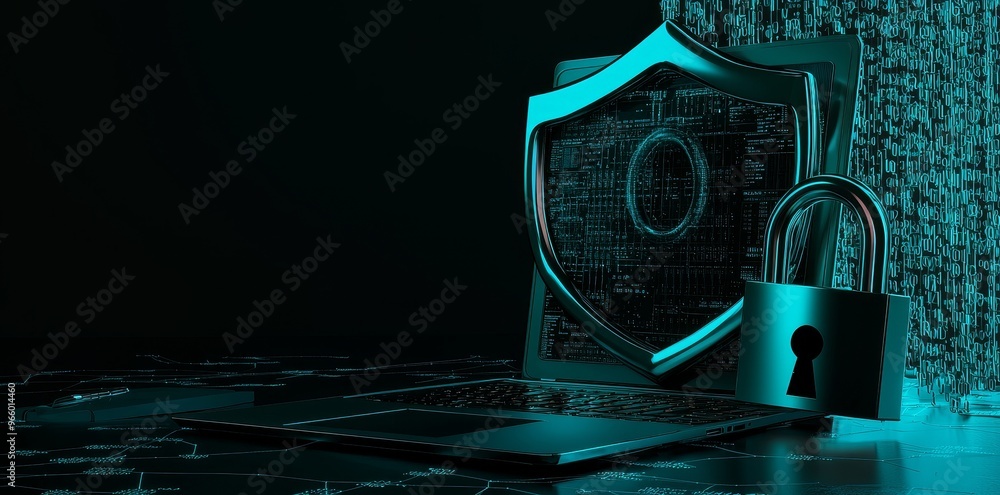 Poster an illustration of a generative stock internet security lock on a background of electronic circuits