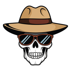 A vector illustration of a skull wearing a hat and sunglasses
