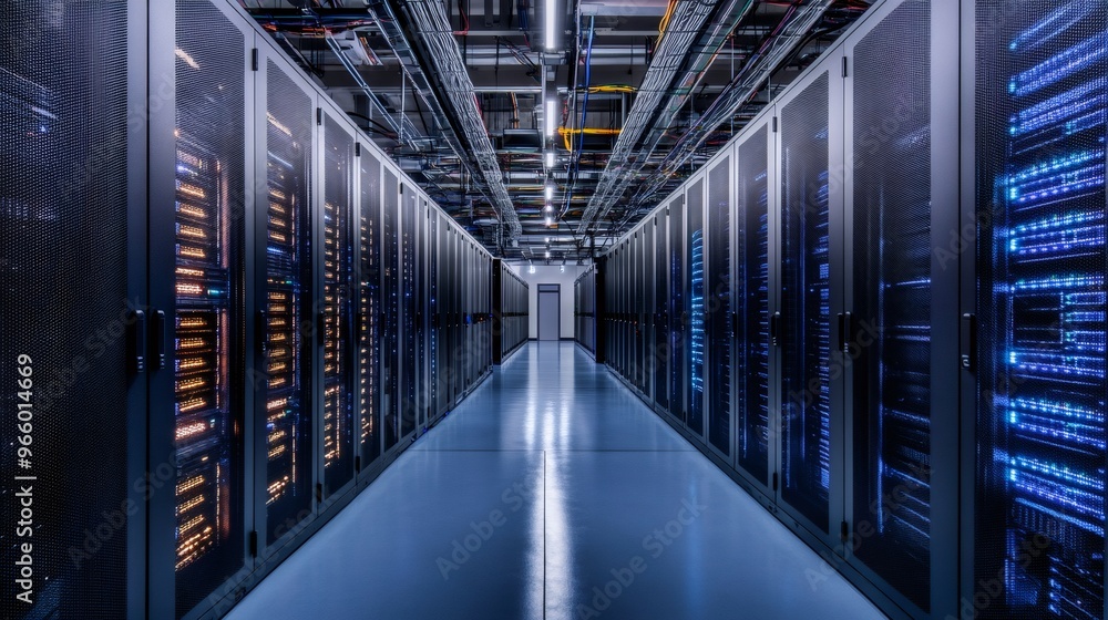 Poster a long hallway lined with server racks in a data center.
