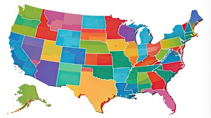 A detailed illustration of the United States map showcasing all 50 states with vibrant colors, labeled borders, and subtle shadow effects for a professional appearance.
