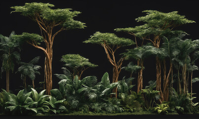 A lush jungle scene with tall trees and vibrant green foliage, creating a sense of dense and wild beauty