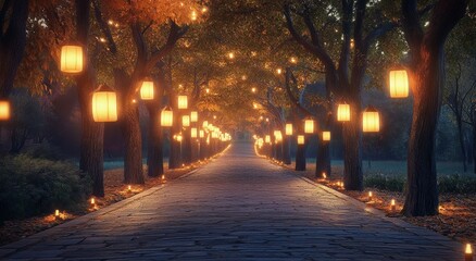 Illuminated path lined with lanterns among autumn trees in a tranquil park at night