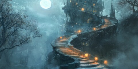 A winding staircase leading up to a mystical, moonlit castle.