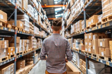 Fototapeta premium A man in a plaid shirt walks through a warehouse, surrounded by shelves stacked with cardboard boxes