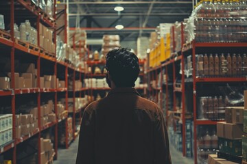 Fototapeta premium A person walks down a long aisle in a warehouse, surrounded by rows of shelves stocked with boxes and bottles