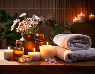Relaxing spa setting with candles, towels, flowers, and essential oil. Perfect for promoting wellness and tranquility