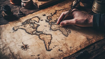 Traveler hand tracing a route on a vintage world map, planning an adventure.