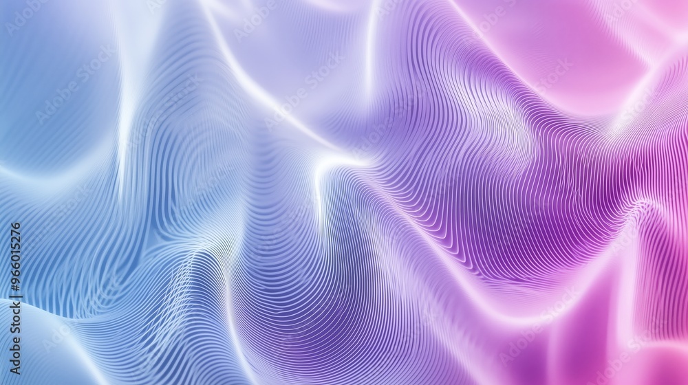 Poster a background with an abstract wavy pattern with white lines on a light purple and blue background.