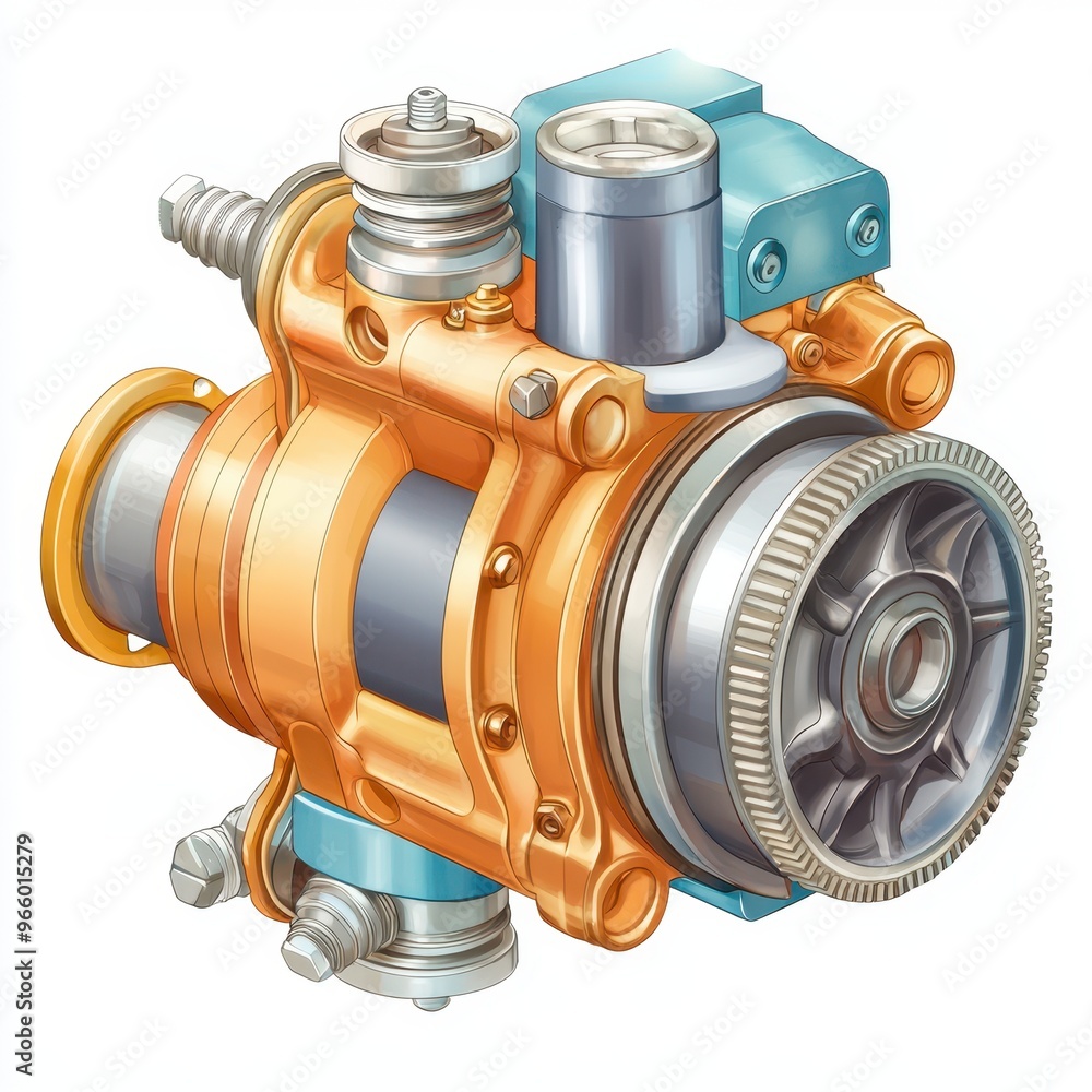 Poster detailed illustration of a mechanical compressor with various components and vibrant colors for tech
