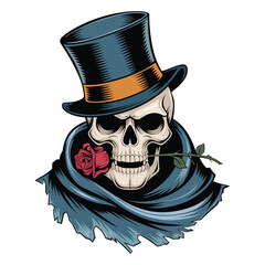 A vector image of a skull wearing a top hat, adorned with a rose