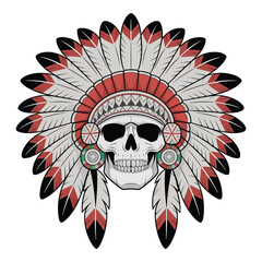 Vector Illustration of a Native American Skull with Traditional Chief Headdress Cultural Symbolism and Heritage