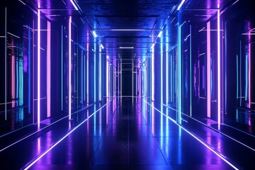 Fototapeta premium A stock illustration of a futuristic corridor with purple and blue neon lights in an abstract background