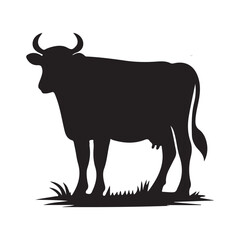 Silhouette of Cow, silhouette or illustration of a cow or buffalo, Ideal for farm, ranch branding. Perfect for logos, decals. Black, white background. 