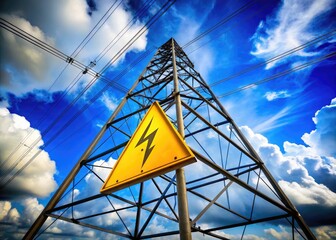 A dramatic shot of a bold, yellow warning symbol atop a high-voltage electrical tower, set against a bright blue sky with fluffy white clouds.