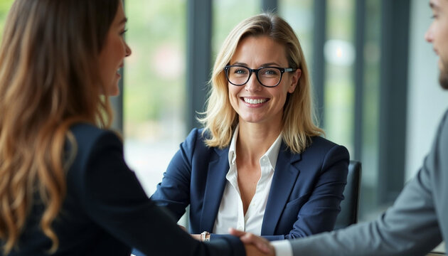 Happy mid aged business woman manager handshaking at office meeting. Smiling female hr hiring recruit at job interview, bank or insurance agent, lawyer making contract deal with client at work.