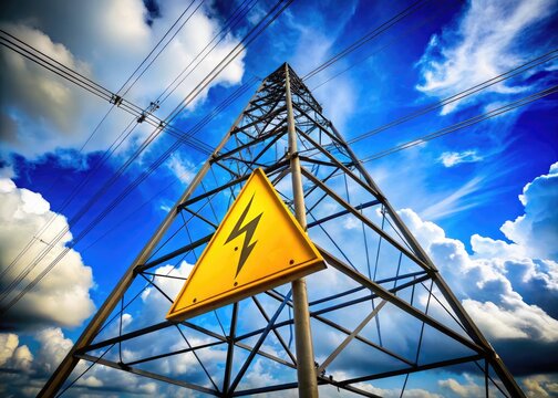 A dramatic shot of a bold, yellow warning symbol atop a high-voltage electrical tower, set against a bright blue sky with fluffy white clouds.