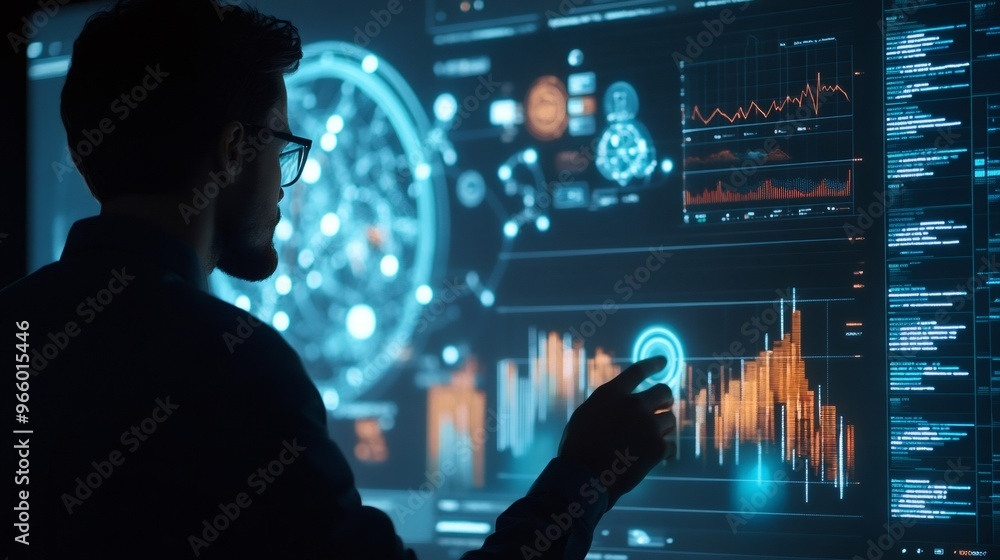 Poster a man in a dark shirt and glasses interacts with a large screen displaying various graphs and data.