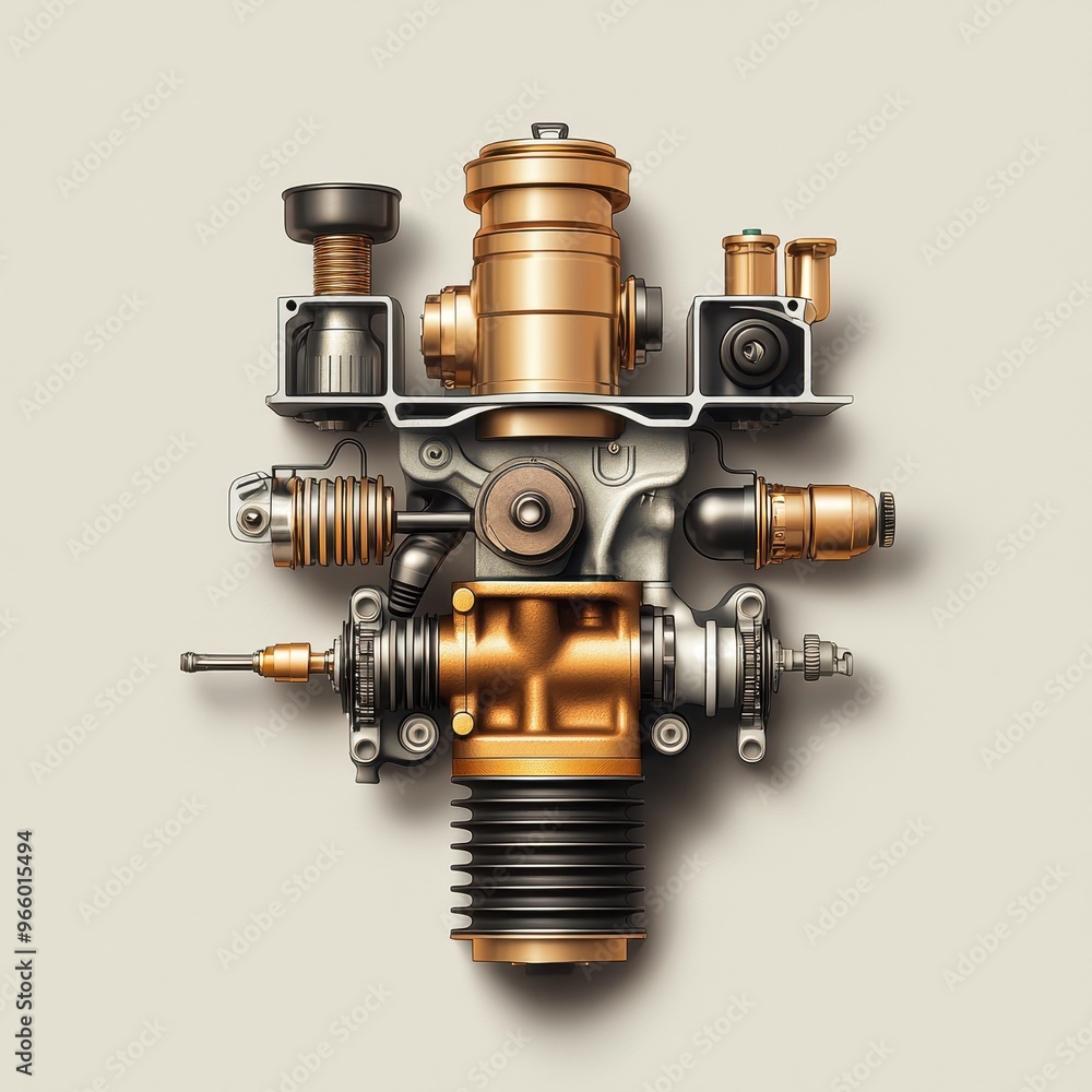 Poster detailed view of a mechanical component, showcasing intricate designs in metallic tones and precise 