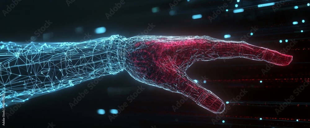 Poster the hand is hologramed in digital form on a dark background with copy space, and the connection is m