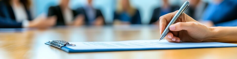 Executive Hand Writing Strategic Plan: Close-up of Pen on Document. Blue-Themed Corporate Meeting Background for Year-End Review. Professional Business Culture Concept for Marketing Campaigns and 4K W