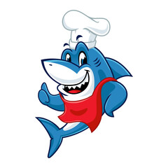 Cartoon chef shark giving thumbs up, ideal for seafood restaurant logos or branding.