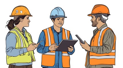 Collaborative Construction Planning - Team of Four Workers Discussing with iPad in Hand, Colorful Line Drawing on White Background